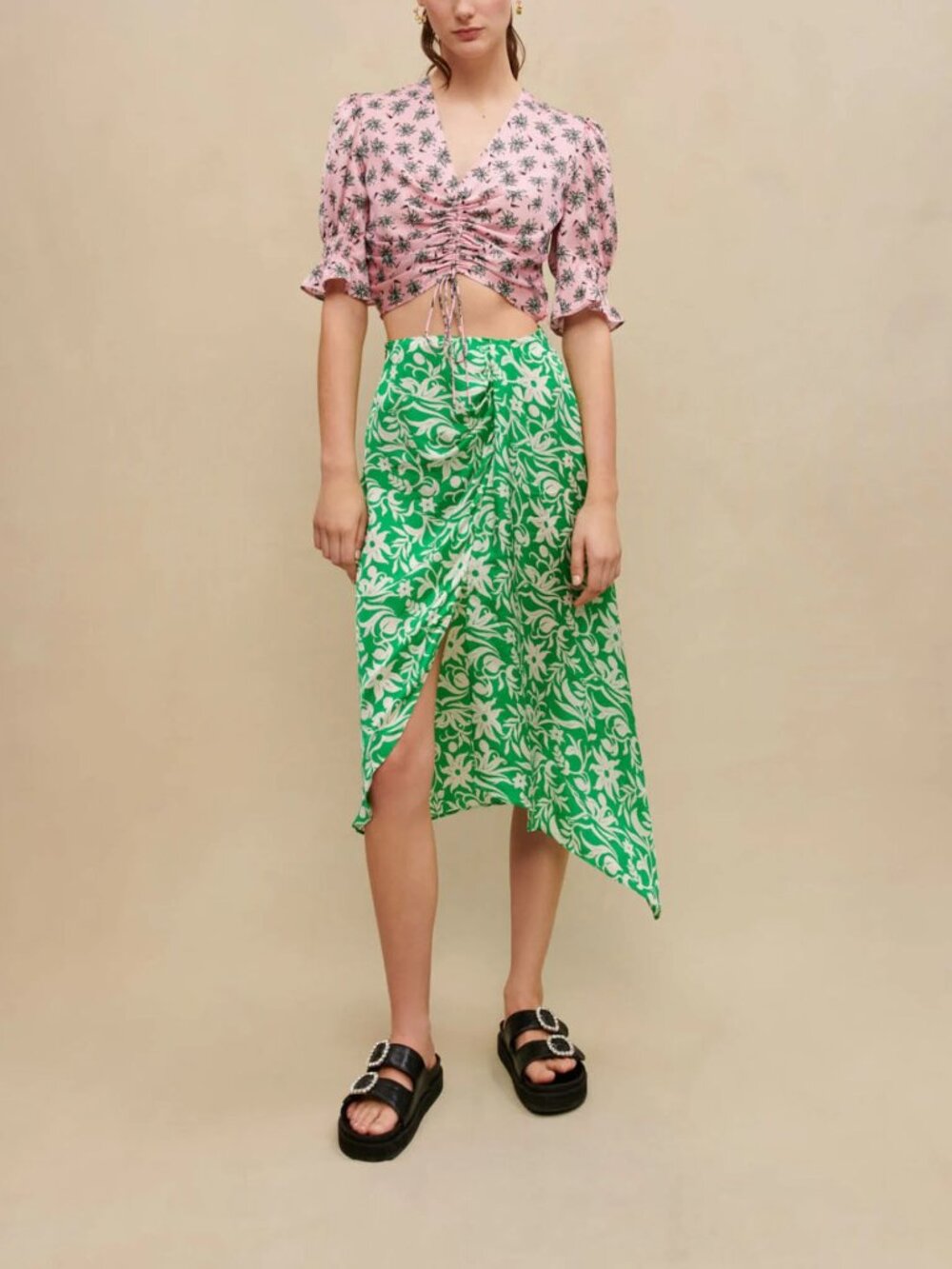 MAJE Green White Floral Satin Twill Draped Asymmetrical Midi Skirt, Size 34/XS